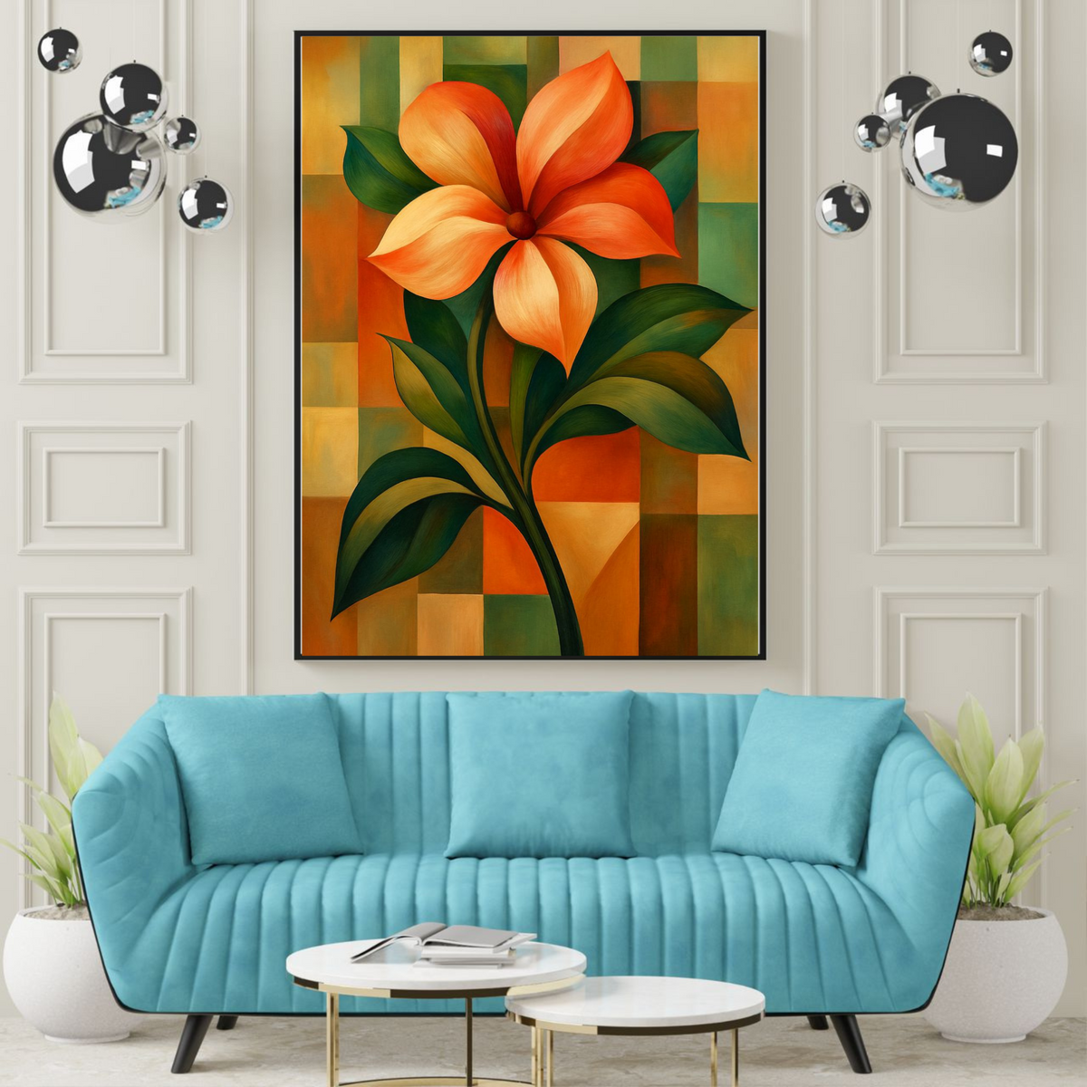 Orange Botanical Flower Wall Art – Vibrant Printable Floral Poster on Patterned Background