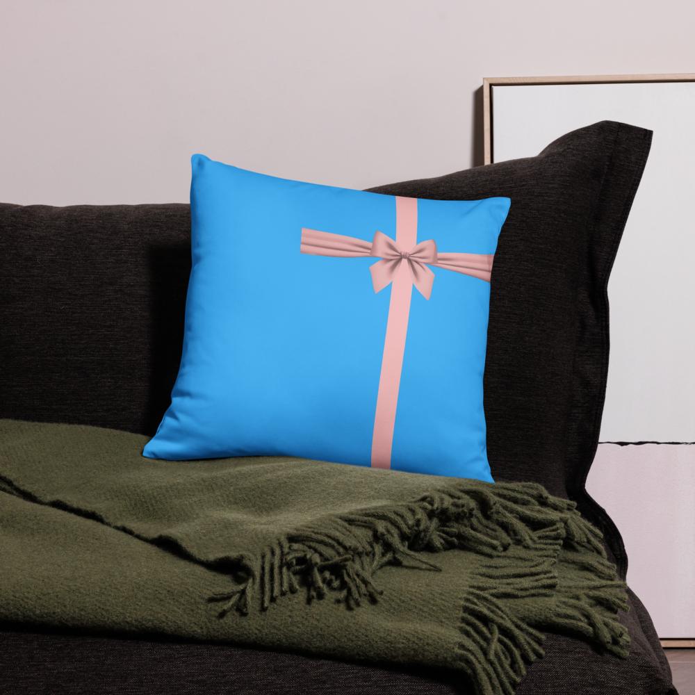 Blue Throw Pillow with Pink Line & Bow – 18x18” & 22x22”