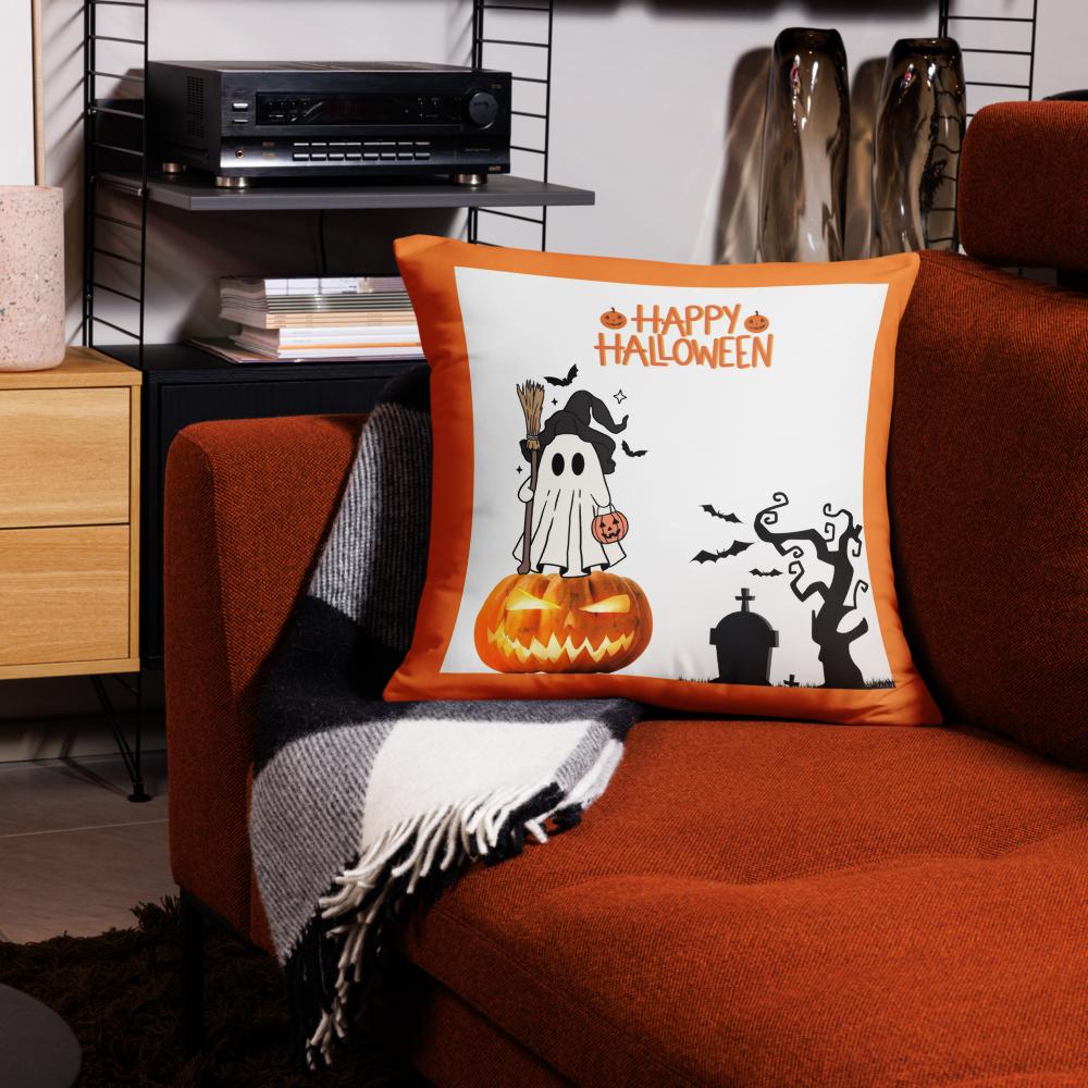 Happy Halloween White & Orange Throw Pillow – 22x22” Pumpkin & Spooky Accent Cushion
