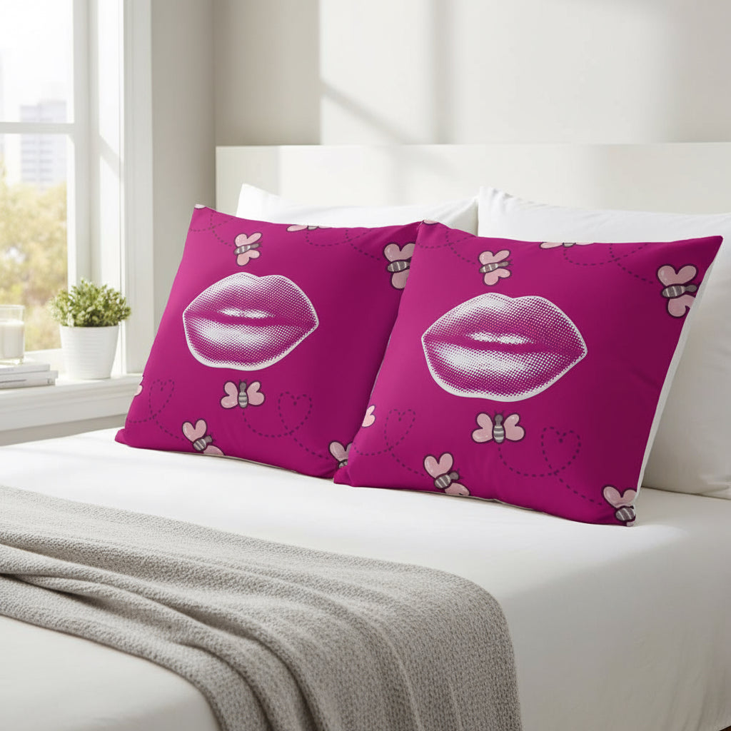 Pink Throw Pillow with Lips & Hearts – 18x18” | Fun & Flirty Pop Art Accent