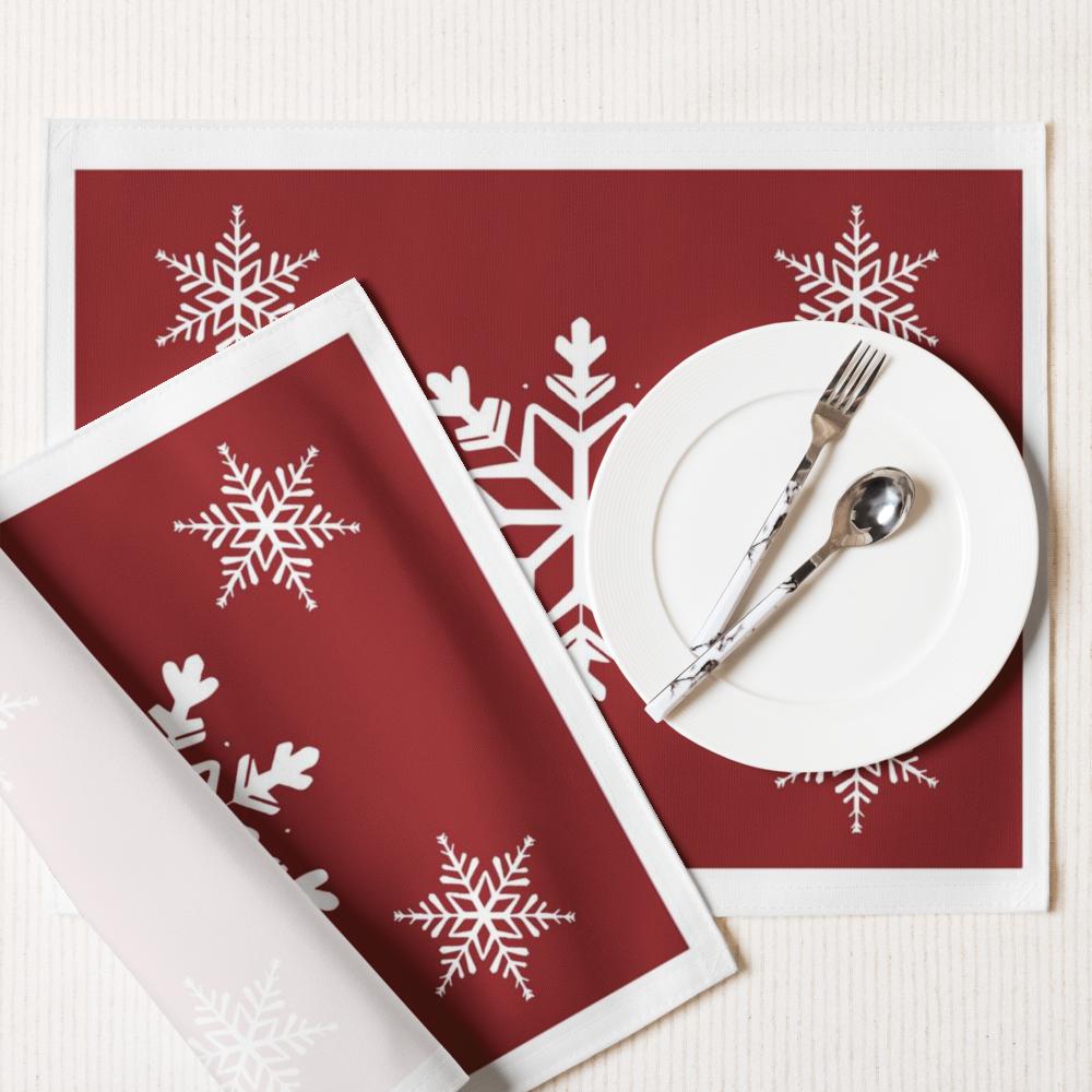 Red Christmas Placemat Set – 4-Pack 18x14 Holiday Table Placemats with White Accents