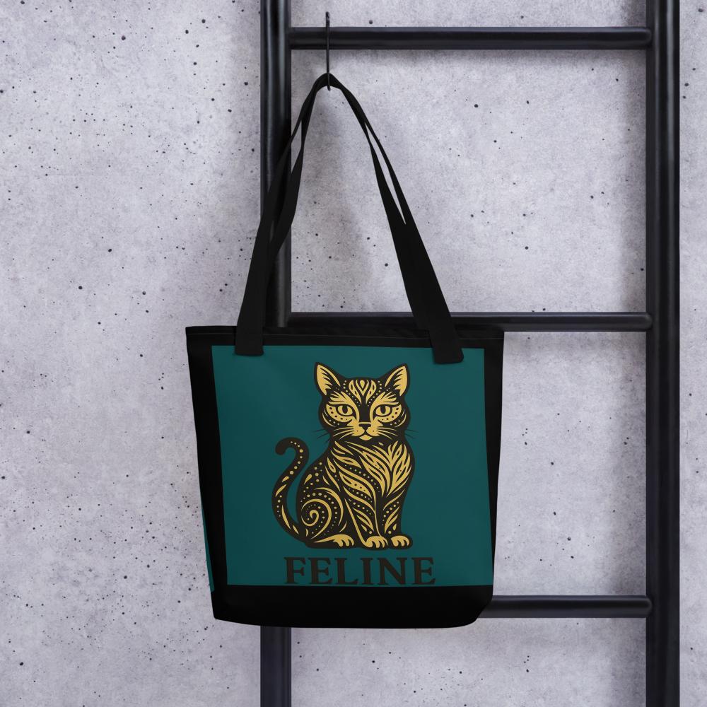 Cat Lover Tote Bag – 15x15 Green and Black Reusable Shoulder Bag for Pet Owners