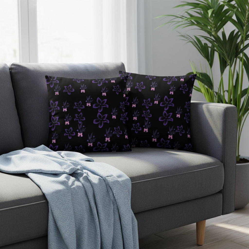 Black Throw Pillow with Purple Flowers & Butterflies – 18x18” | Elegant Night Garden Design