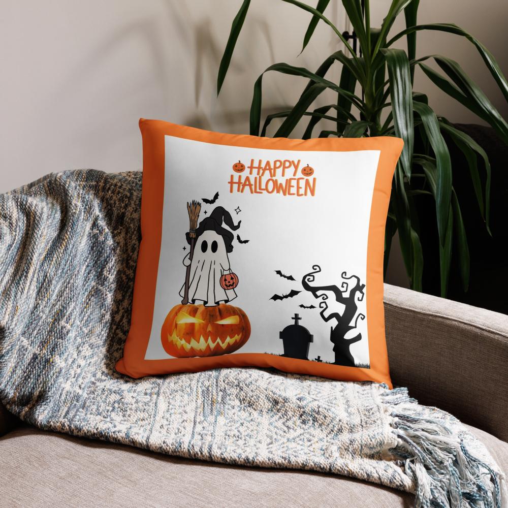 Happy Halloween White & Orange Throw Pillow – 22x22” Pumpkin & Spooky Accent Cushion