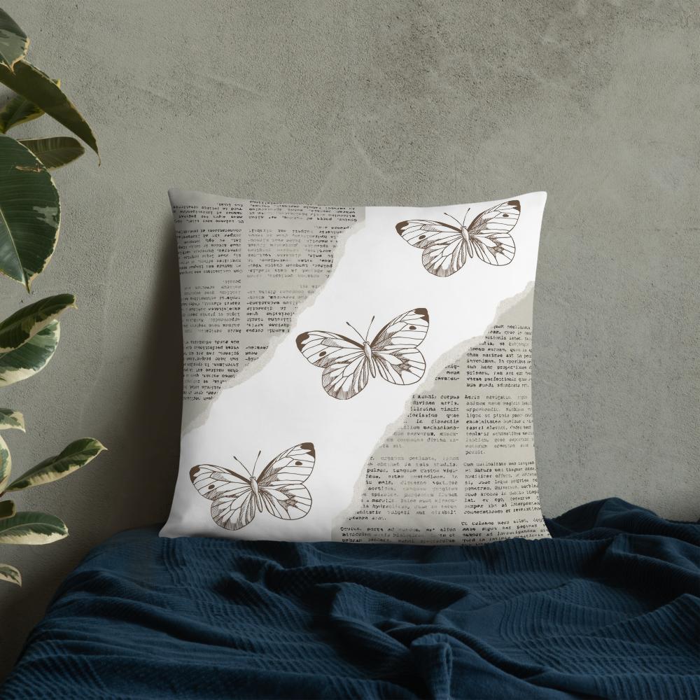 Vintage Newspaper Throw Pillow with Butterflies – Decorative Cushion 22x22”