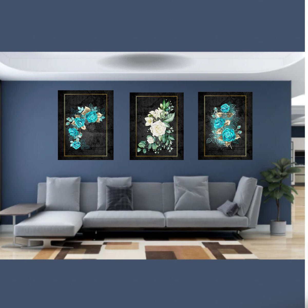 Degeta Wall Art Set of 3 – Green Flora on Glossy Background with Gold Frame Accents (Digital Download)