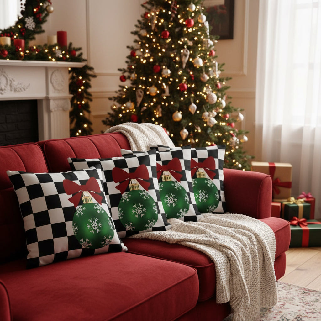 Black & White Checkered Christmas Throw Pillow | Farmhouse Holiday Decor Cushion | Festive Plaid Accent Pillow for Living Room or Bedroom (18x18 & 22x22)
