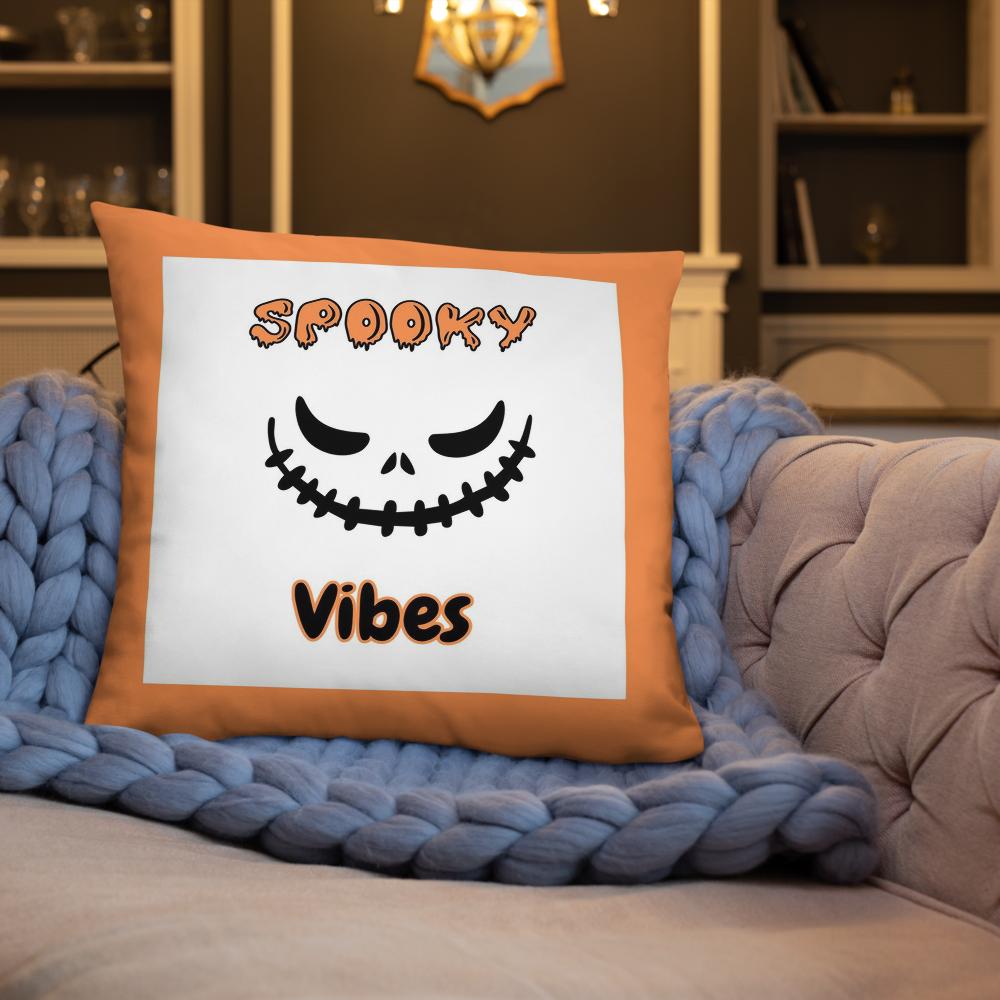 Spooky Vibes Halloween Pillow – 18x18 Orange & White Throw Cushion