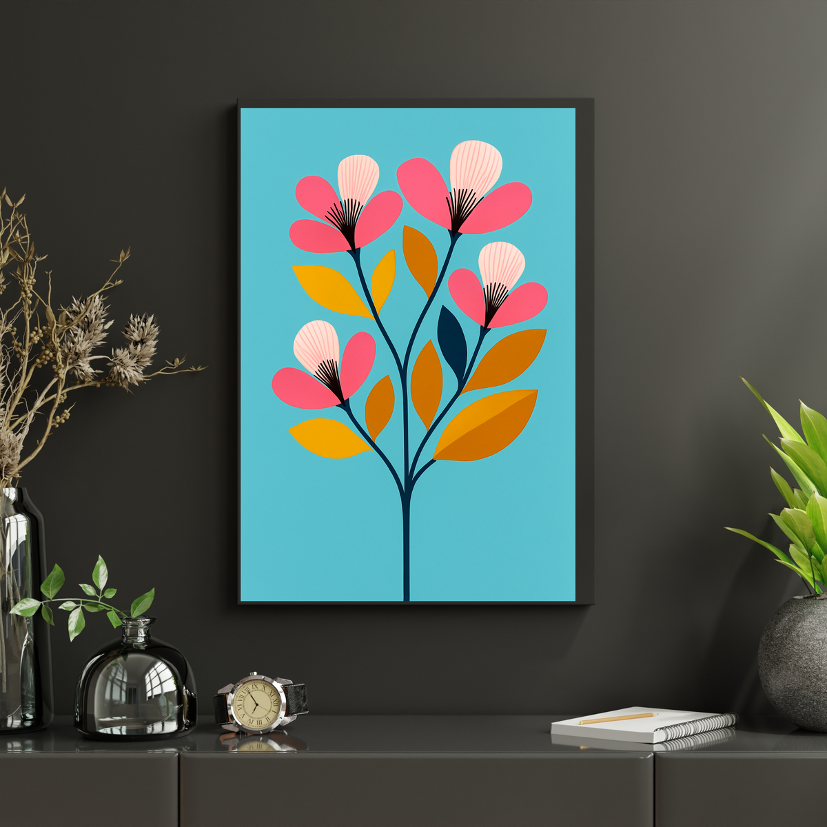 Elegant Botanical Wall Art – Yellow & Pink Floral Print on Blue Background (Digital Download)