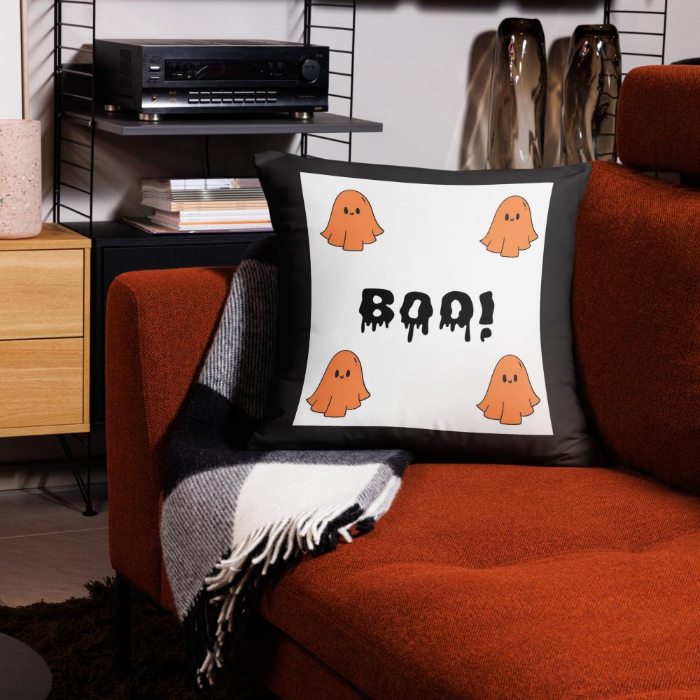 Halloween B.O.O. Throw Pillow – 18x18 Black, White & Orange Accent Cushion
