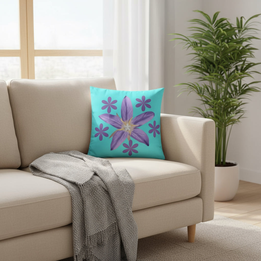 Mint Green Throw Pillow with Purple Flower Cluster – 18x18” | Artistic Floral Centerpiece