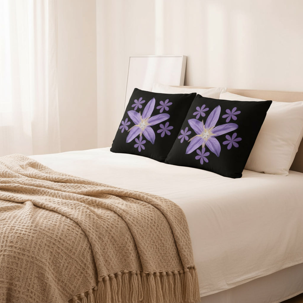 Black Throw Pillow with Purple Flower Cluster – 18x18” | Bold Floral Centerpiece Cushion