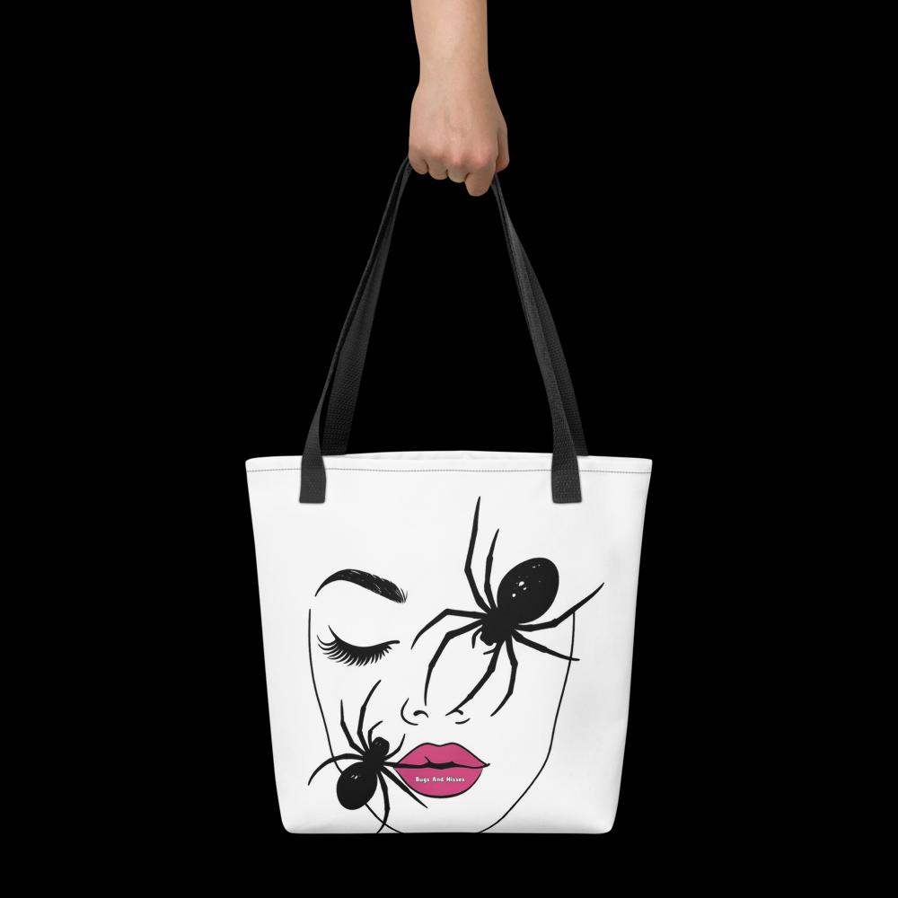 White “Haunted Beauty” Halloween Tote Bag – 15”x15” Artistic Woman’s Face with Black Moths