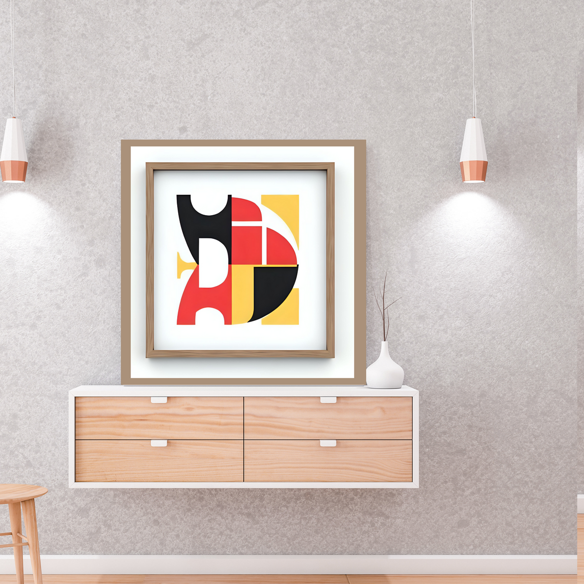 Geometric Abstract Wall Art Set – Red, Yellow, Black & Brown Borders (3 Digital Prints – 16x16, 20x20, 24x24 in)
