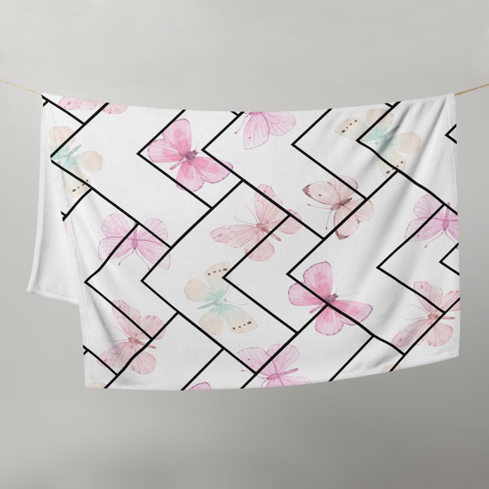 Pink Butterfly Zigzag Throw Blanket – 50x60” Soft White Fleece with Delicate Modern Design
