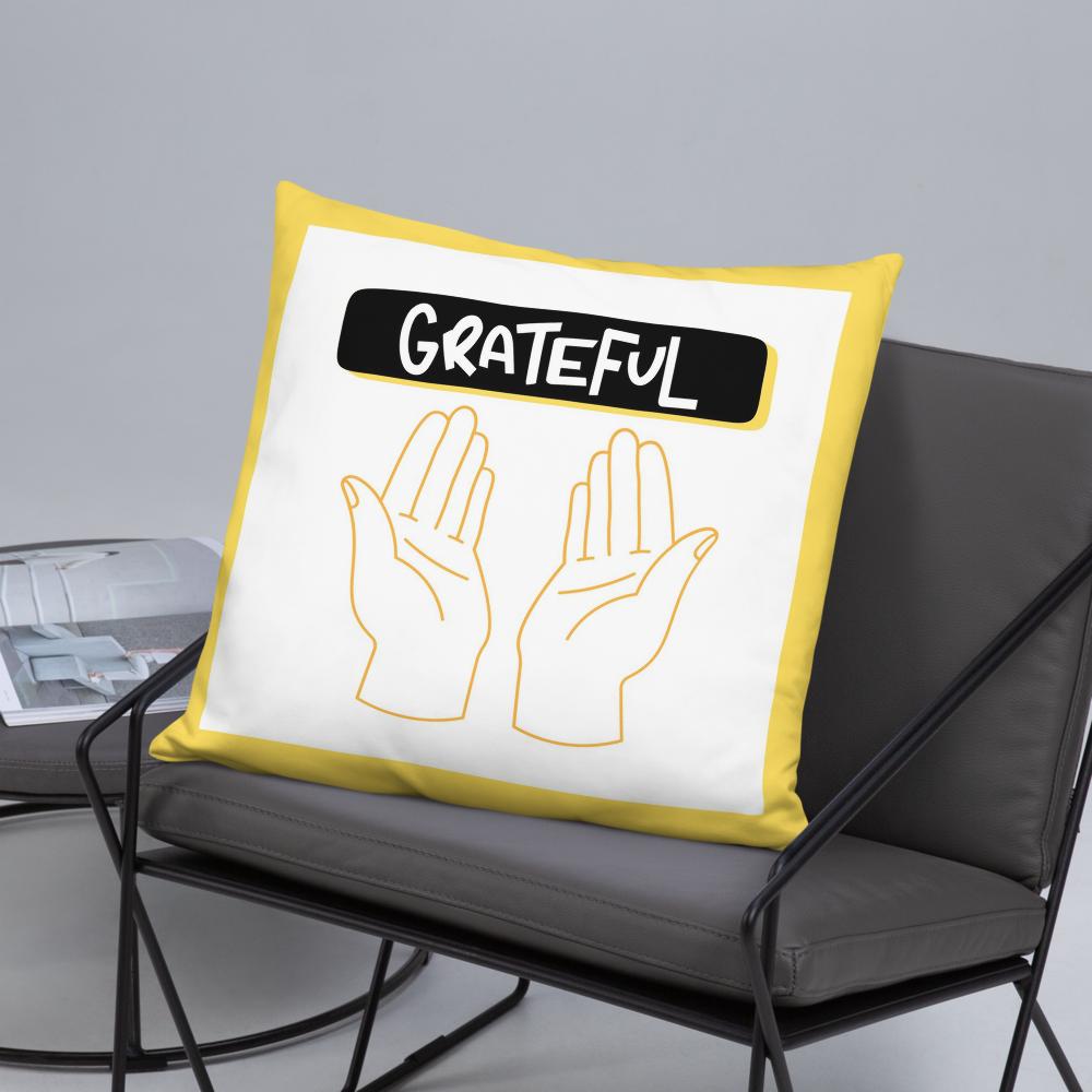 Grateful Thanksgiving Pillow – 22x22” White & Yellow Cushion with Open Palms