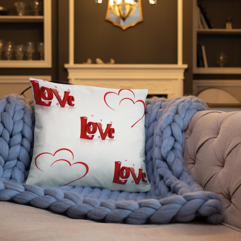 Red & White “Love” Heart Pillow – Romantic Typography Decor – 18x18 Inch