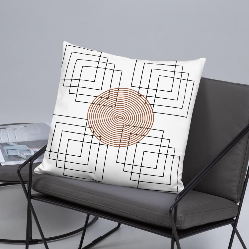 White Throw Pillow with Black Geometric Square Patterns & Brown Round Boho Design – 22x22”