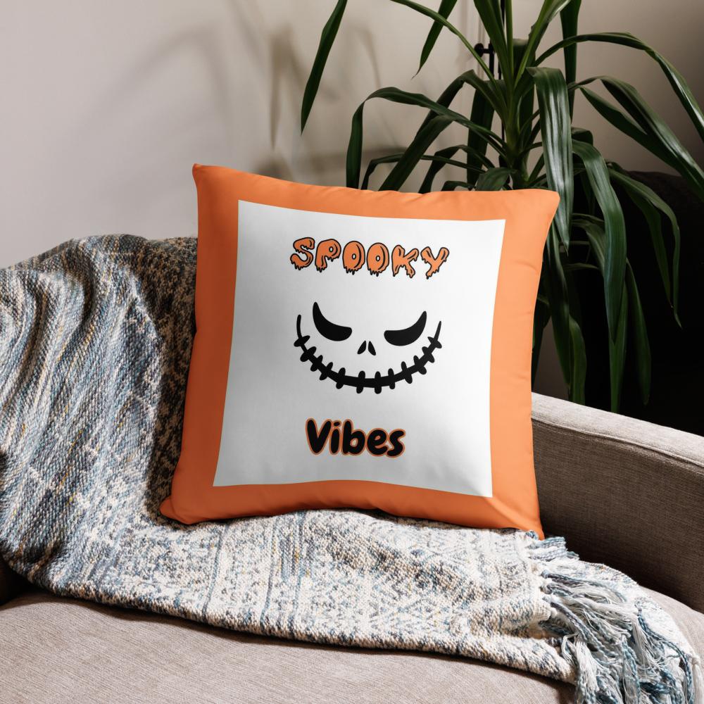 Spooky Vibes Halloween Pillow – 18x18 Orange & White Throw Cushion