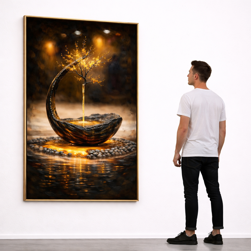 Instant Digital Download – Zen Stone Fountain Wall Art Set of 3 | Warm Gold Abstract Meditation Art | Printable Modern Living Room Decor