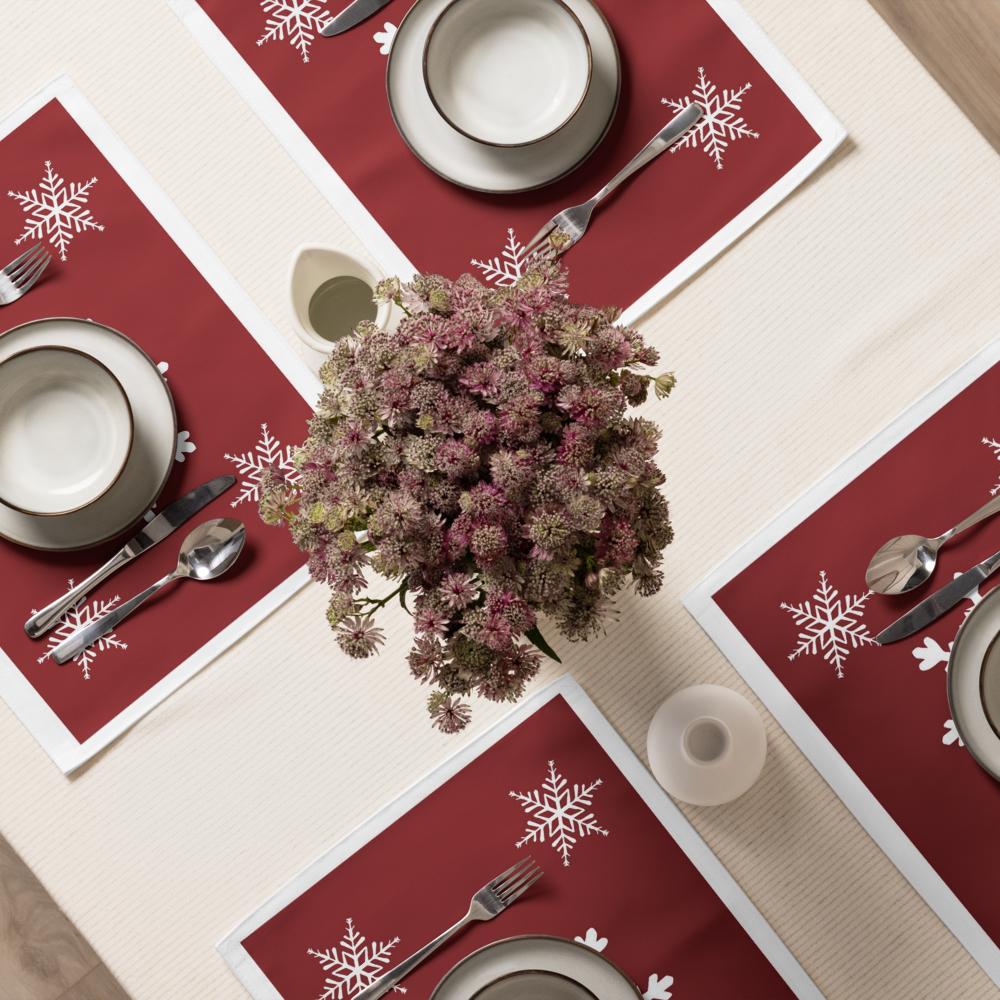 Red Christmas Placemat Set – 4-Pack 18x14 Holiday Table Placemats with White Accents