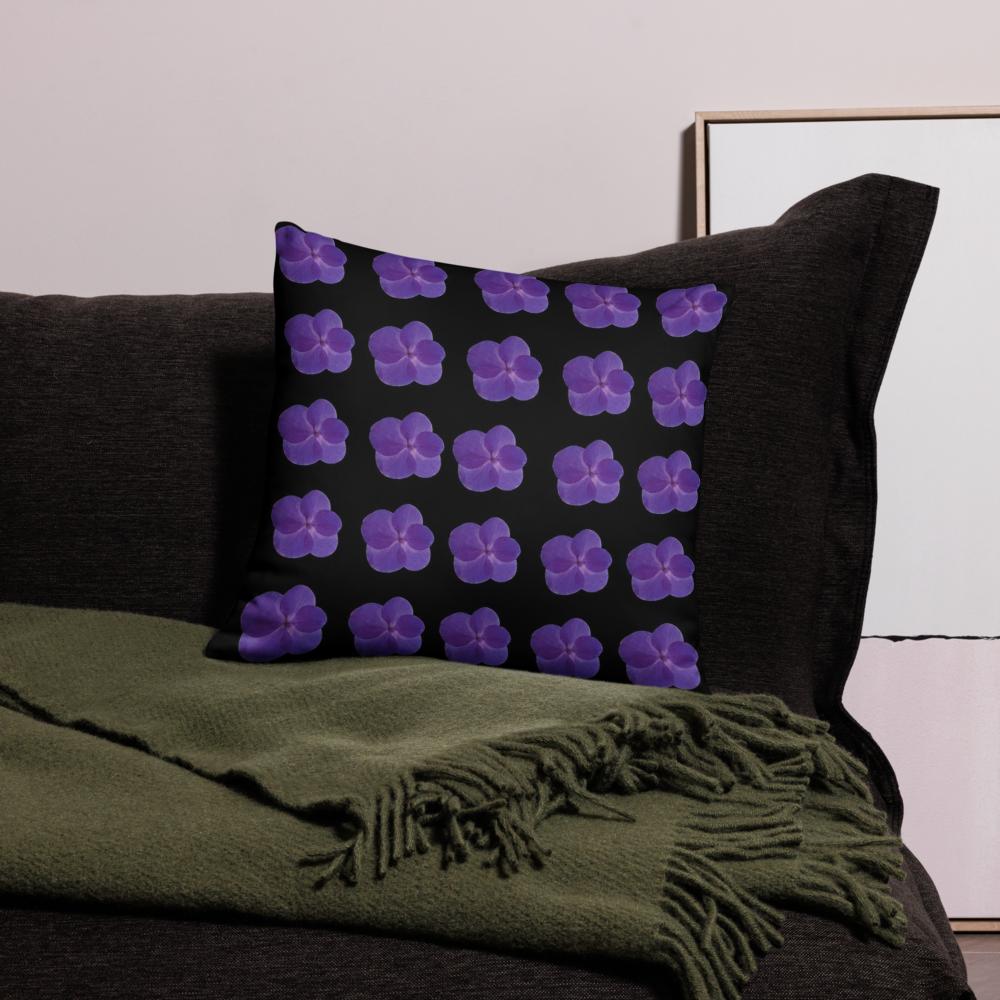 Black Throw Pillow with Lined Purple Flowers – 18x18” | Modern Minimal Floral Pattern