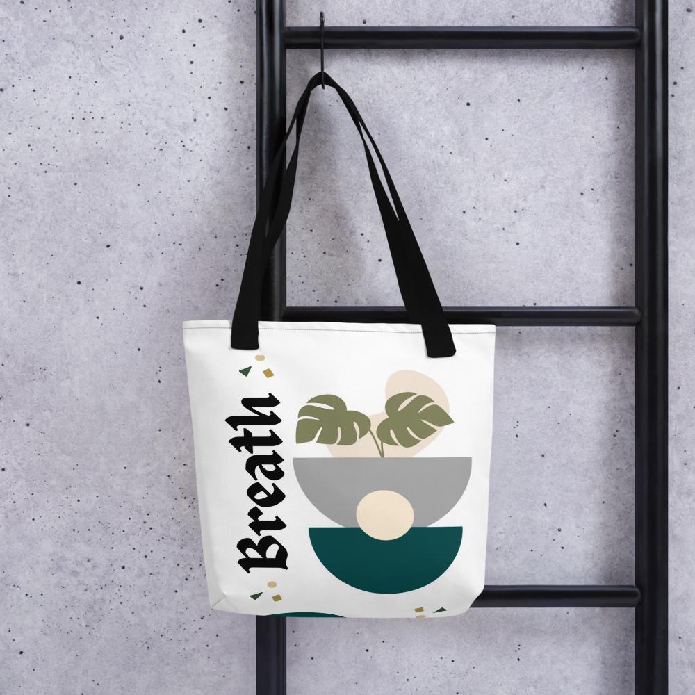 White “BREATHE” Boho Tote Bag – 15”x15” with Green & Grey Botanical Design