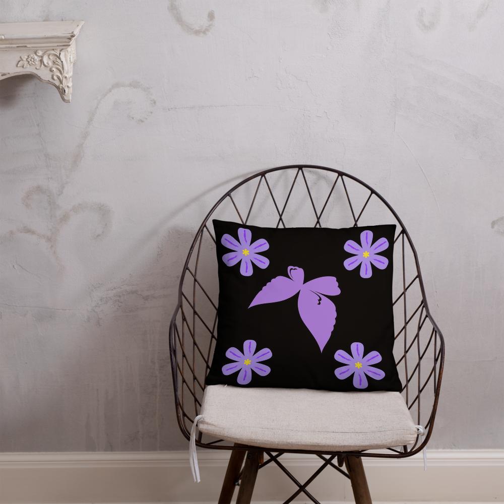 Black Throw Pillow with Purple Flowers & Central Bow – 18x18” | Elegant Floral Accent Cushion