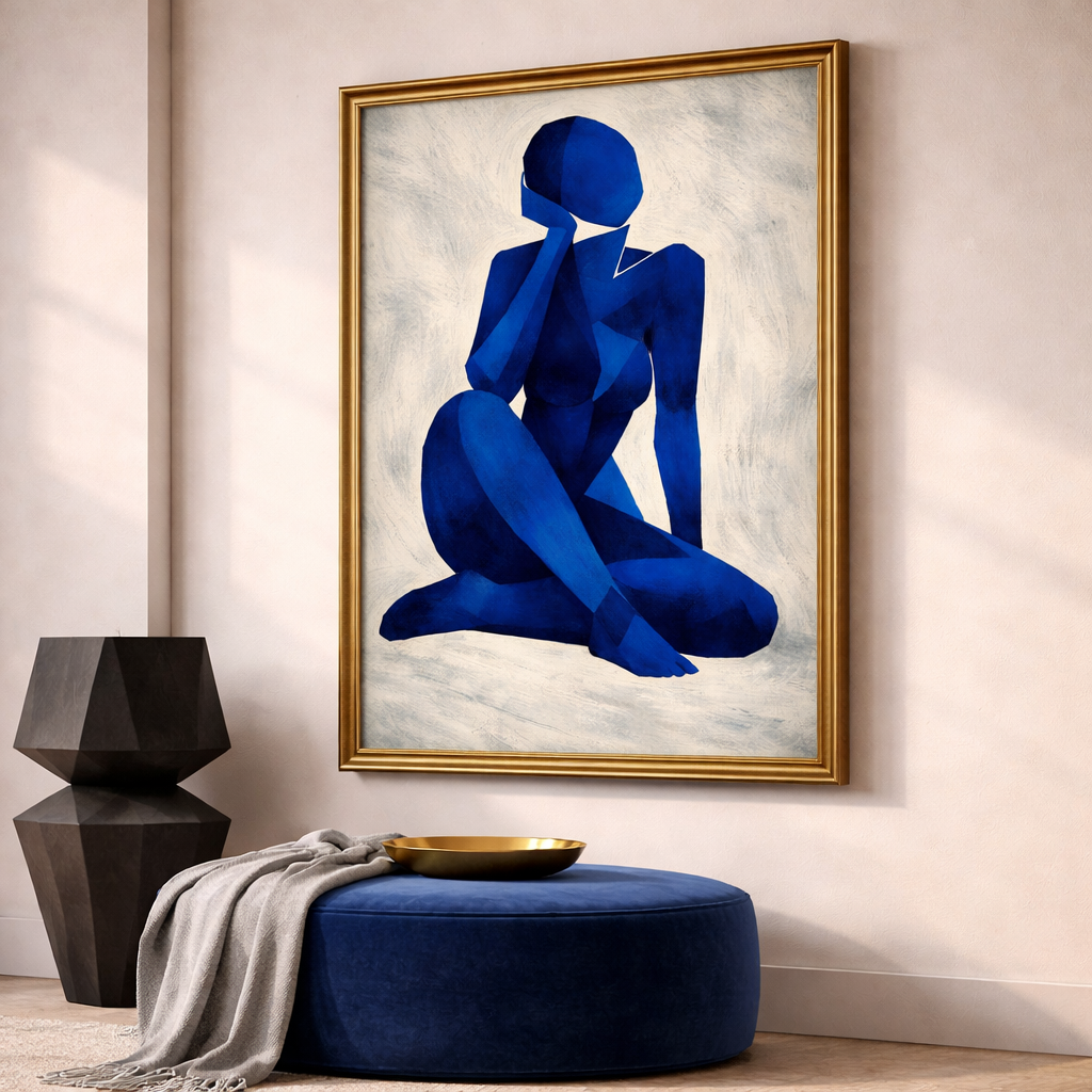 Blue Abstract Feminine Wall Art Set of 2 – Modern Minimalist Navy Figure Prints – Contemporary Bedroom Decor