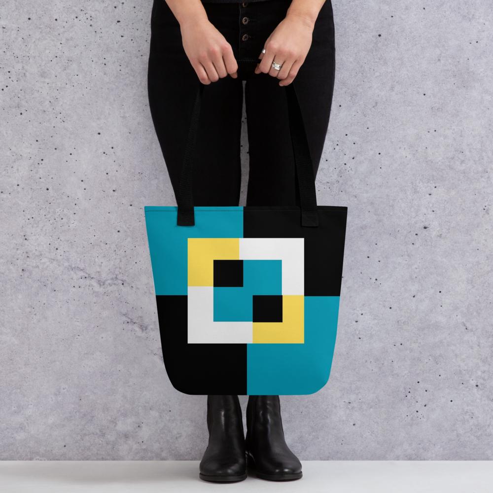 Black, Blue, White & Yellow Abstract Shapes Tote Bag – 15”x15” Modern Art Carryall