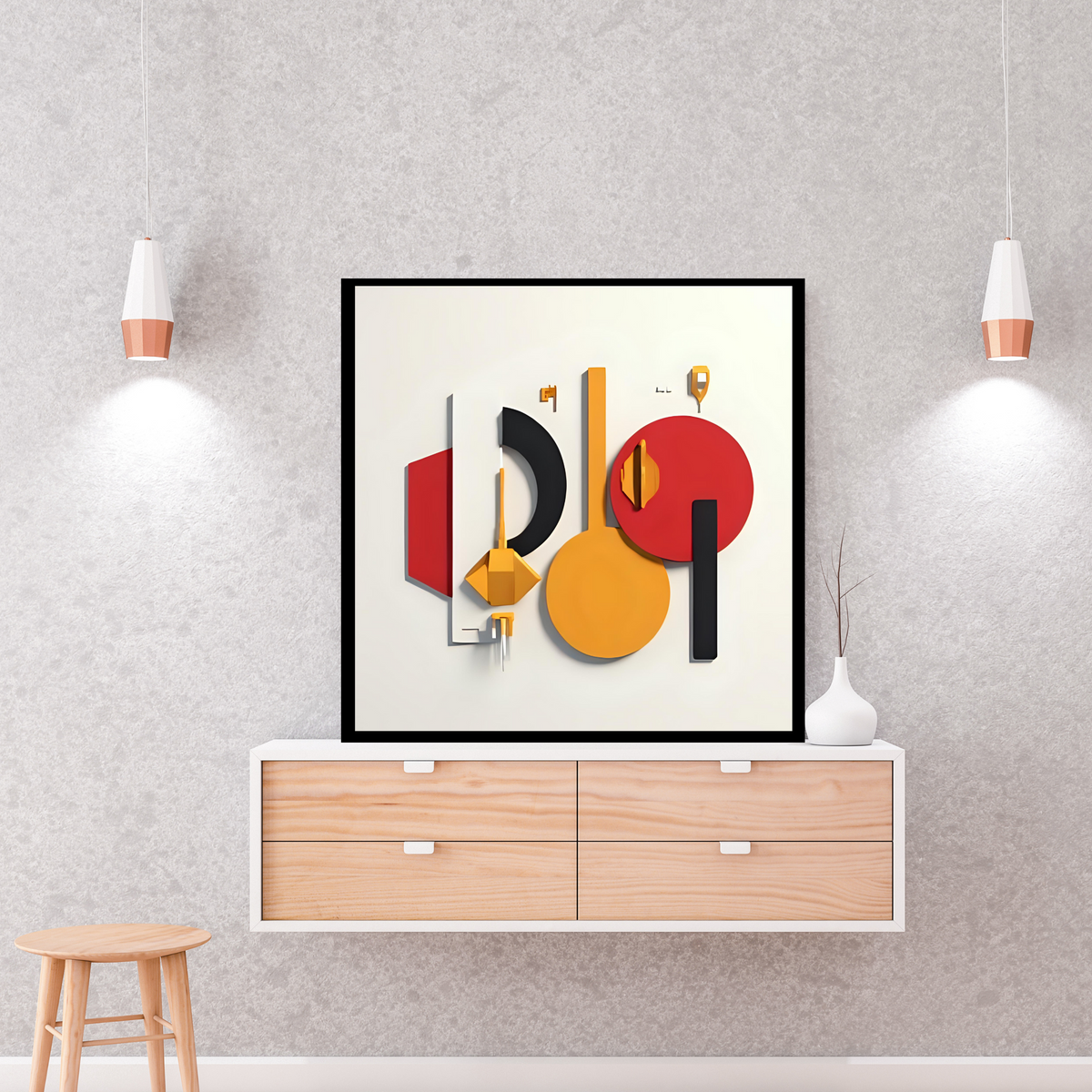 Modern Abstract Wall Art Set – Red, Black & Yellow on Off-White (3 Digital Prints – 16x16, 20x20, 24x24 in)
