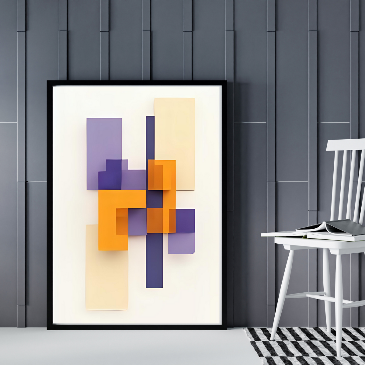 2-Piece Abstract 3D Shape Wall Art – Purple, Yellow & Off-White on White Background (Portrait Digital Download, 3 Sizes Each)