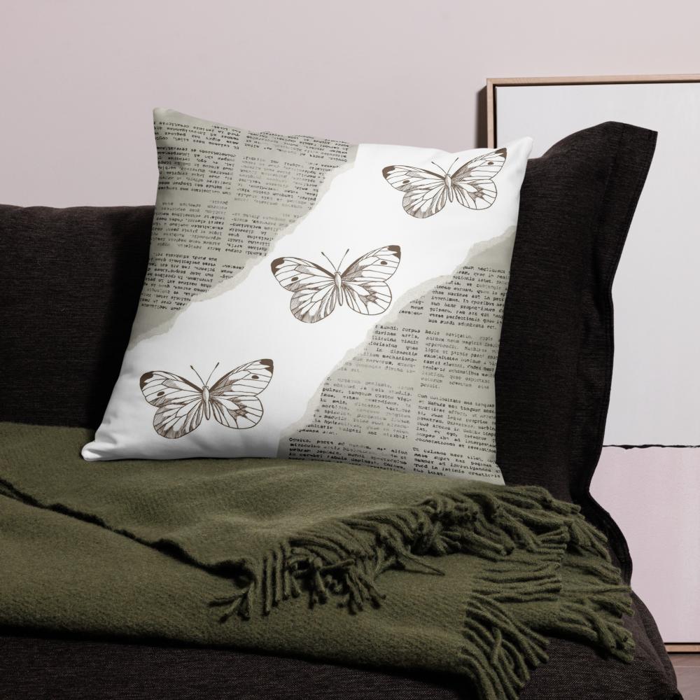 Vintage Newspaper Throw Pillow with Butterflies – Decorative Cushion 22x22”