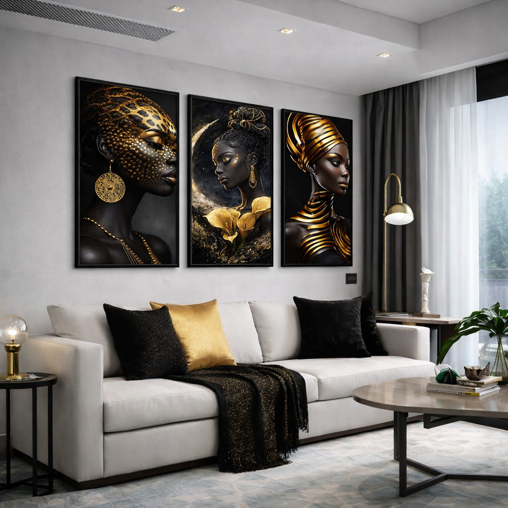 Luxury Black and Gold Afrocentric Wall Art Set – Regal African Queen Printable Decor – Modern Statement Digital Download (11x14, 16x20, 18x24, 24x36)