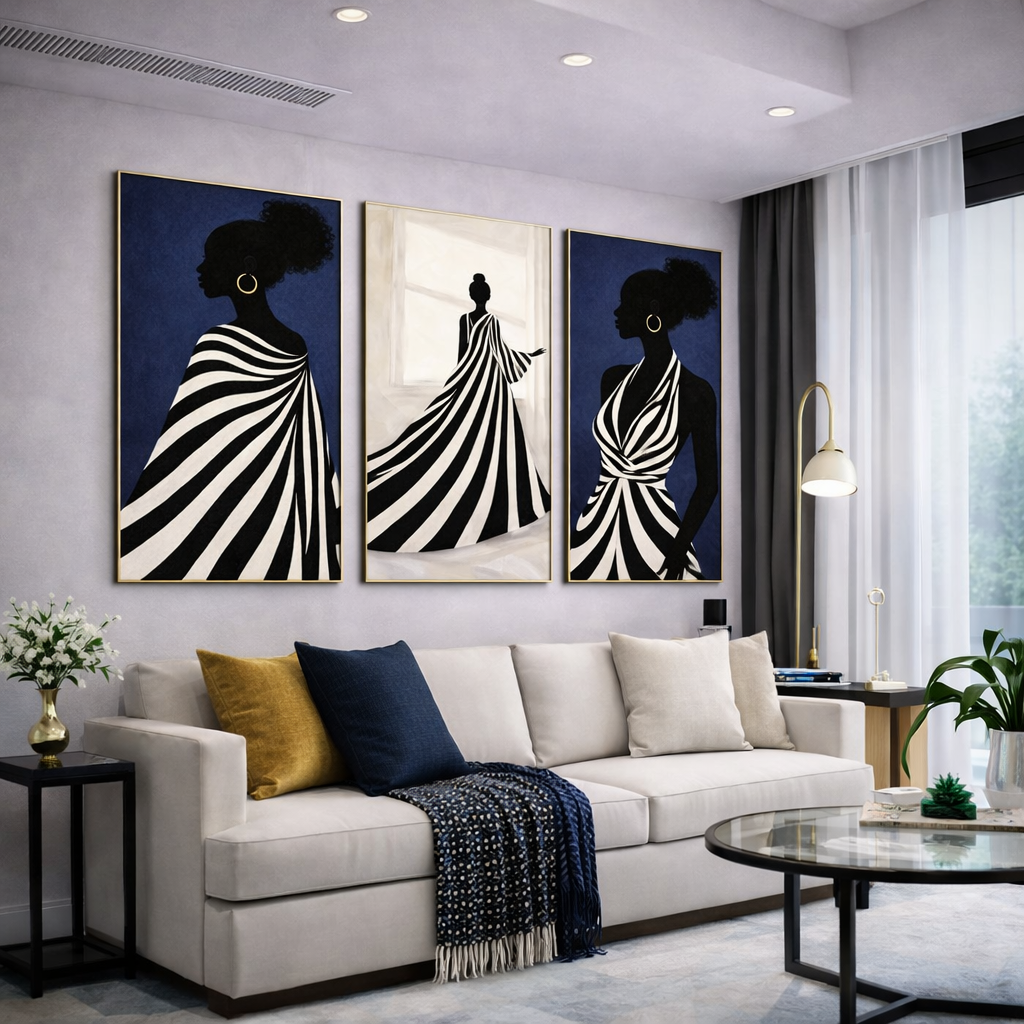 Modern Afrocentric Silhouette Wall Art Set – Black and White Striped Fashion Printable – Navy Blue Digital Download (11x14, 16x20, 18x24, 24x36)