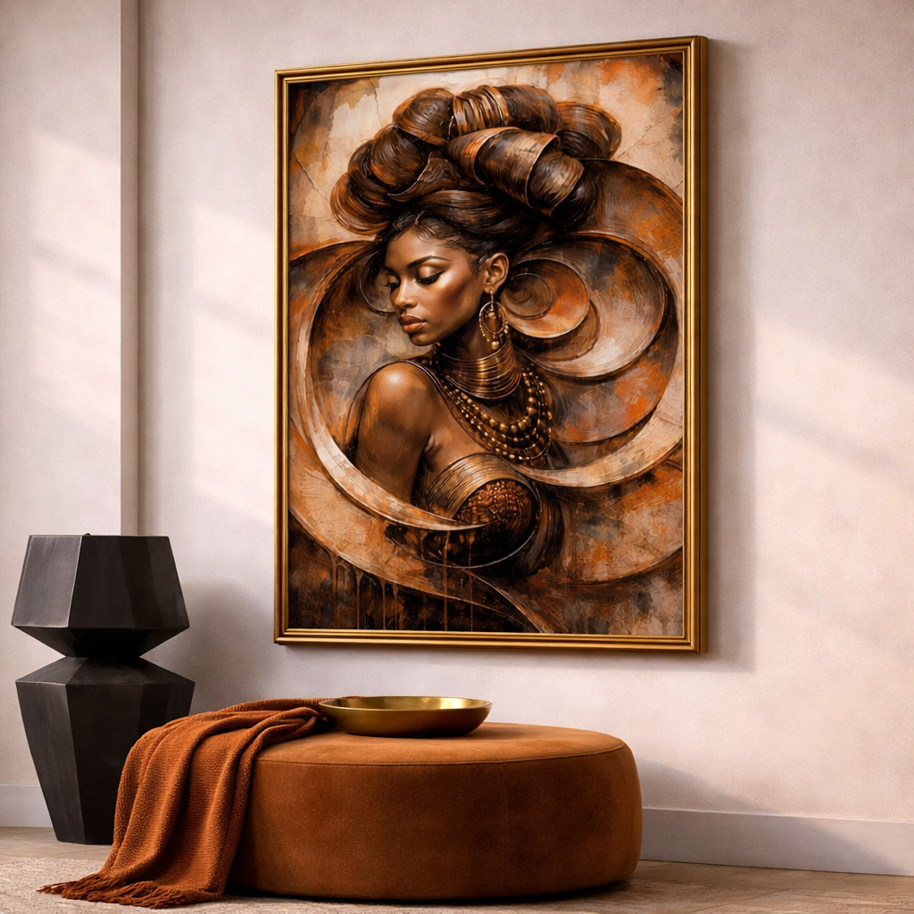 Earth Tone Afrocentric Woman Wall Art Set (Digital Download) – Brown & Gold African Portrait Trio – Luxury Bedroom Decor – Printable Wall Art (11x14, 16x20, 18x24, 24x36)
