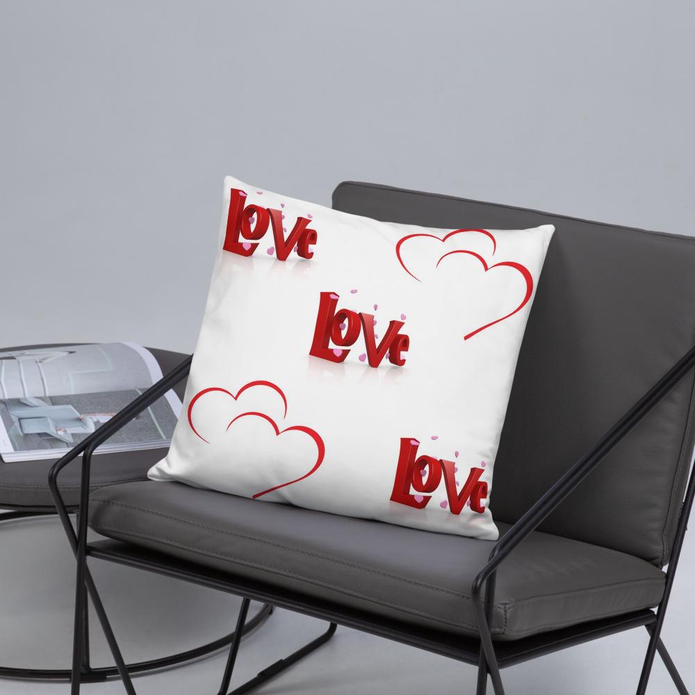 Red & White “Love” Heart Pillow – Romantic Typography Decor – 18x18 Inch