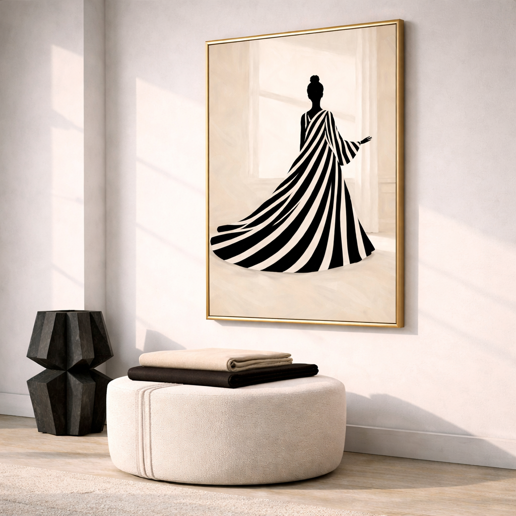 Modern Afrocentric Silhouette Wall Art Set – Black and White Striped Fashion Printable – Navy Blue Digital Download (11x14, 16x20, 18x24, 24x36)