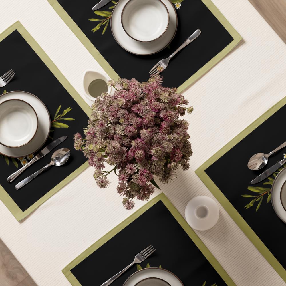Black & Green Floral Placemat Set of 4 – 18x14 Inch Washable Heat-Resistant Dining Table Mats