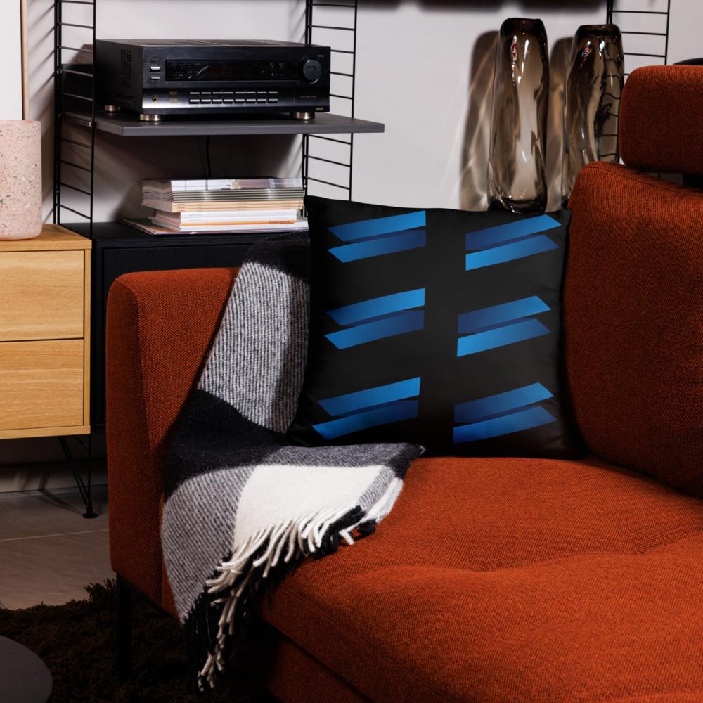 Black Throw Pillow with Blue Brick Pattern – 18x18” | Modern Rectangular Block Design