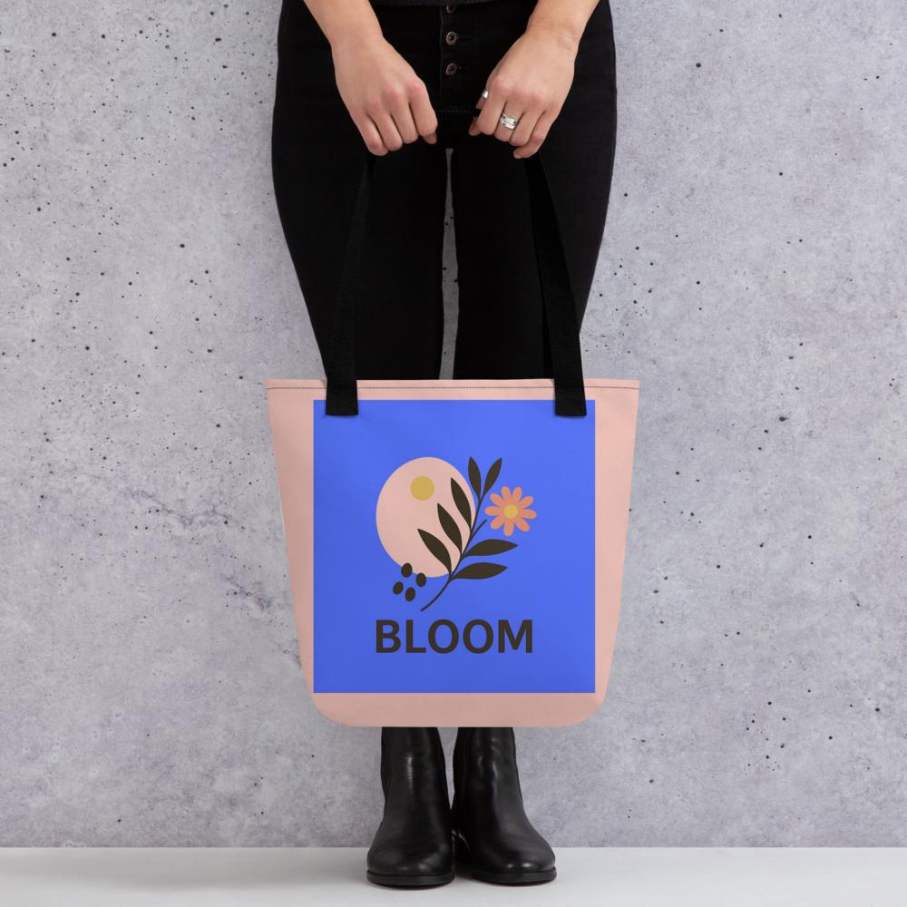 Navy Blue & Peach “Bloom” Boho Flower Tote Bag – 15”x15” Stylish Everyday Carryall
i
