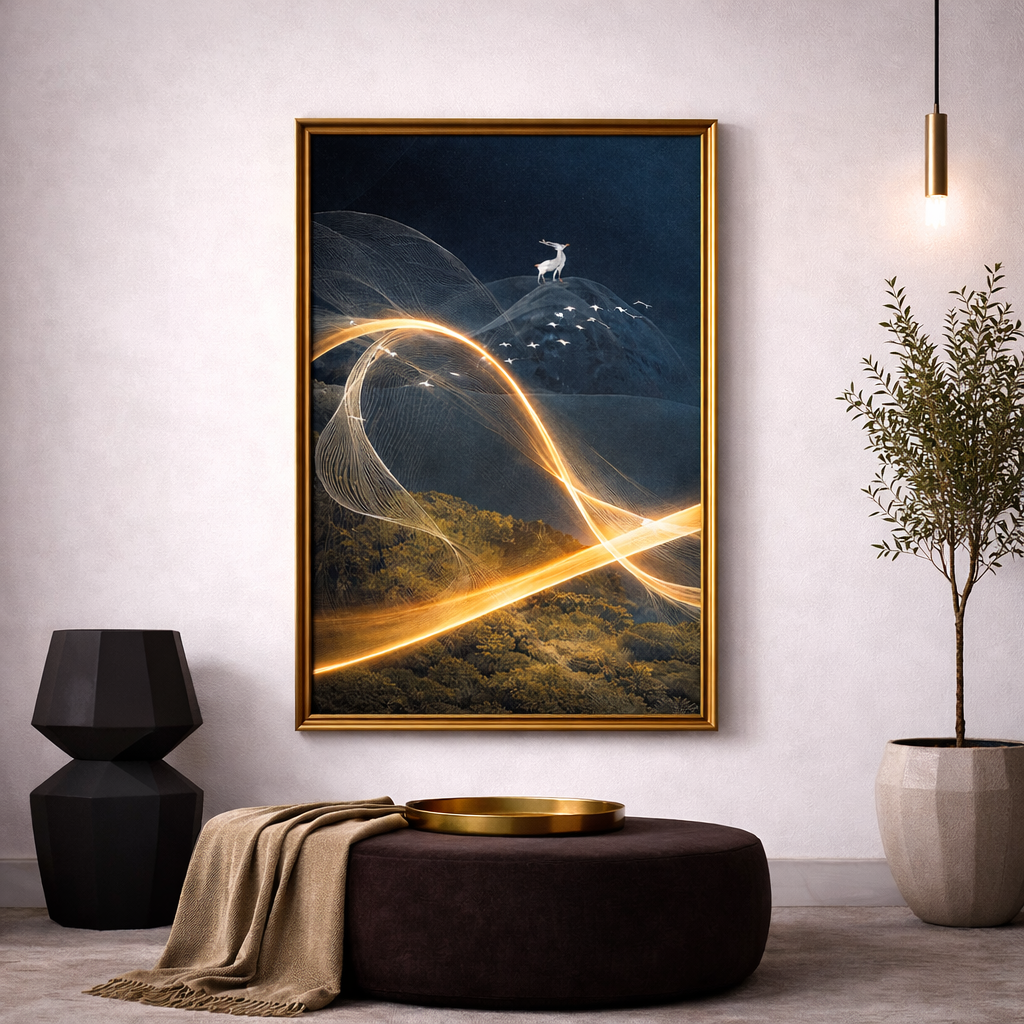 Moonlit Gold Deer Wall Art Set – Navy Blue Celestial Landscape Printable – Modern Luxury Digital Download (11x14, 16x20, 18x24, 24x36)