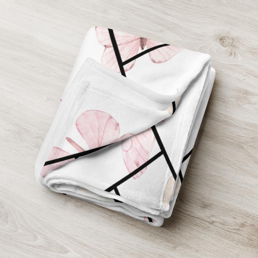 Pink Butterfly Zigzag Throw Blanket – 50x60” Soft White Fleece with Delicate Modern Design