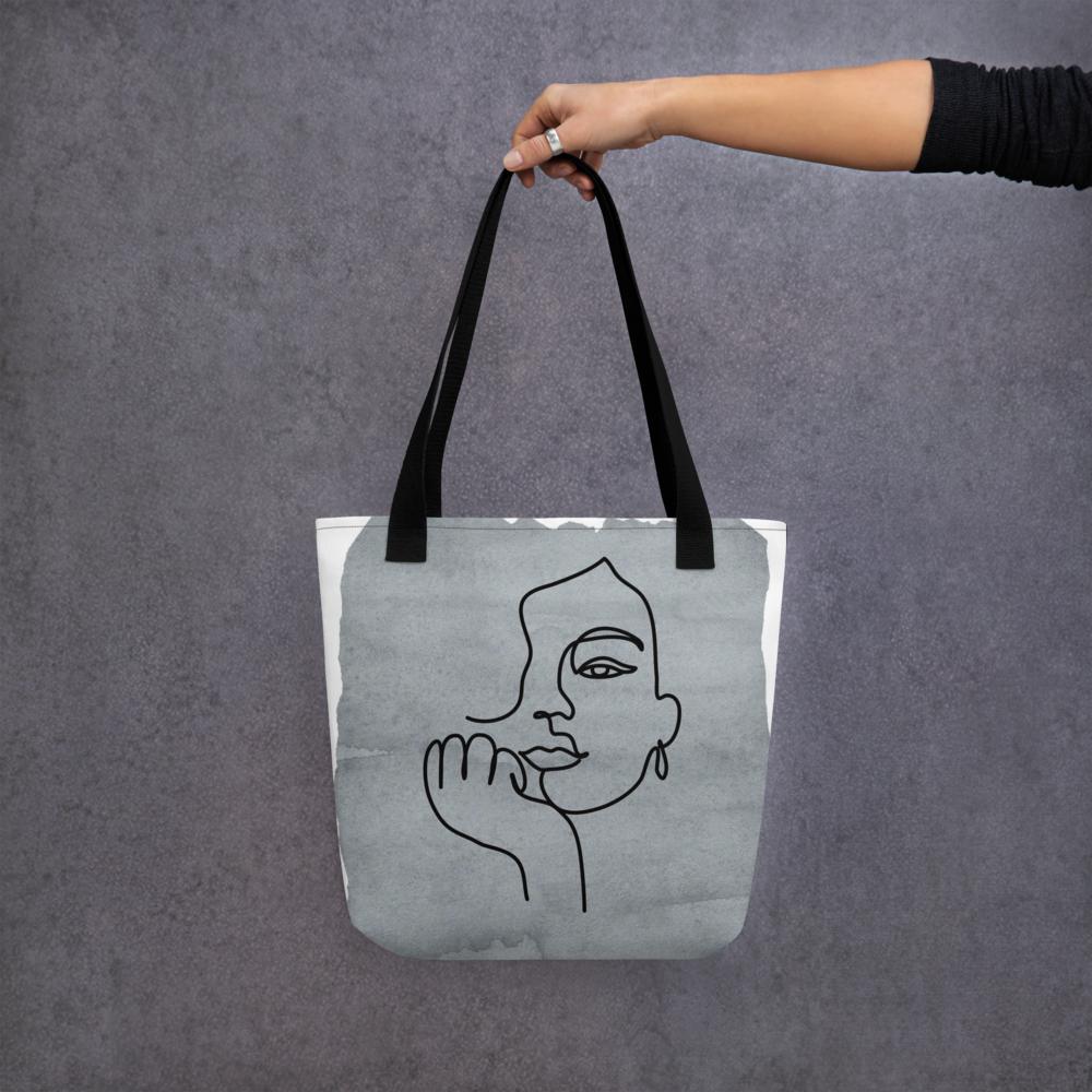 Boho Abstract Art Tote Bag – 15x15 Grey and White Minimalist Reusable Shoulder Bag