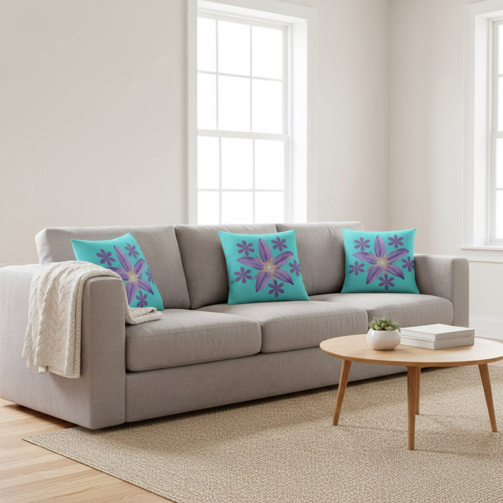 Mint Green Throw Pillow with Purple Flower Cluster – 18x18” | Artistic Floral Centerpiece