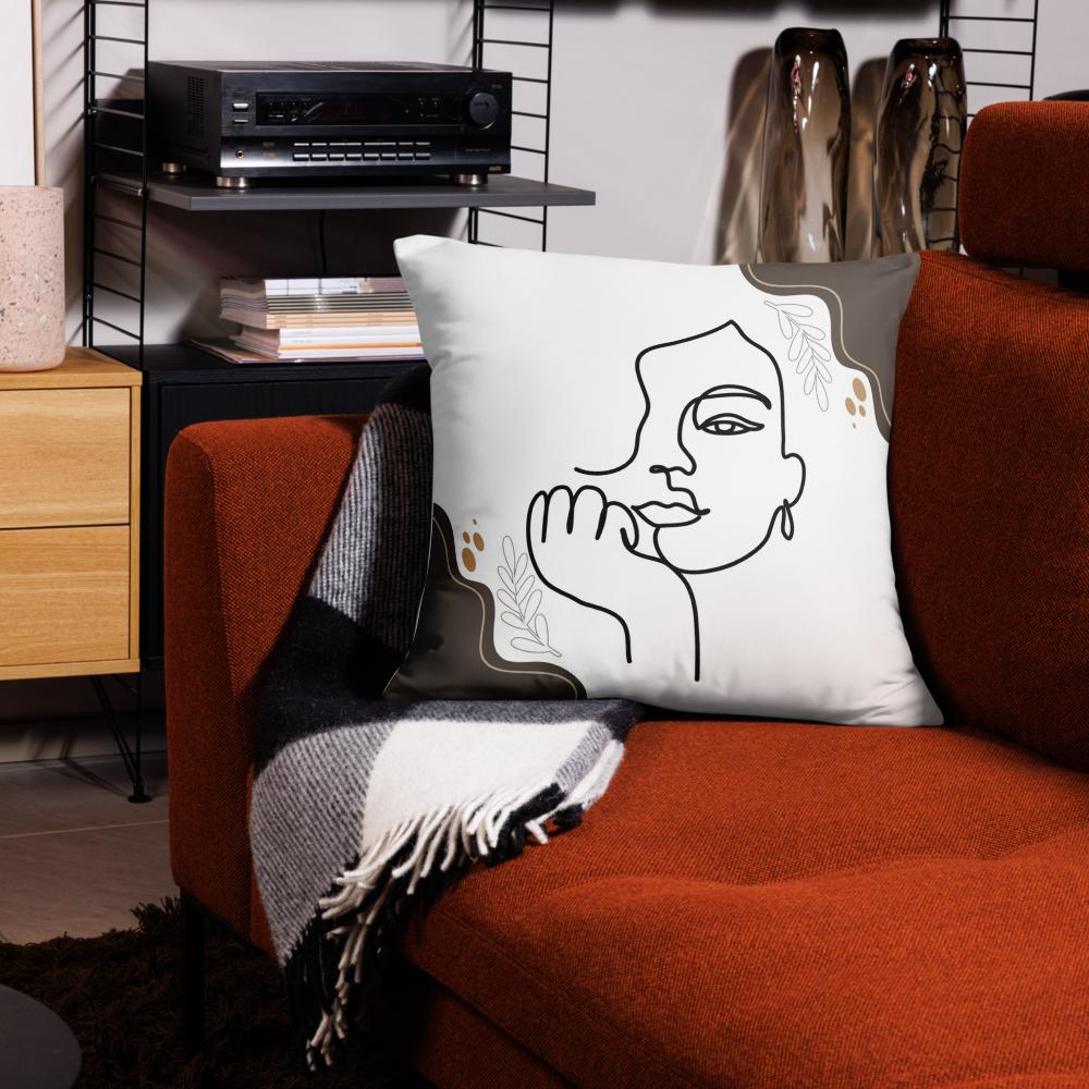 White Throw Pillow with Brown Boho Designs & Minimalist Woman Face Line Art – 22x22”