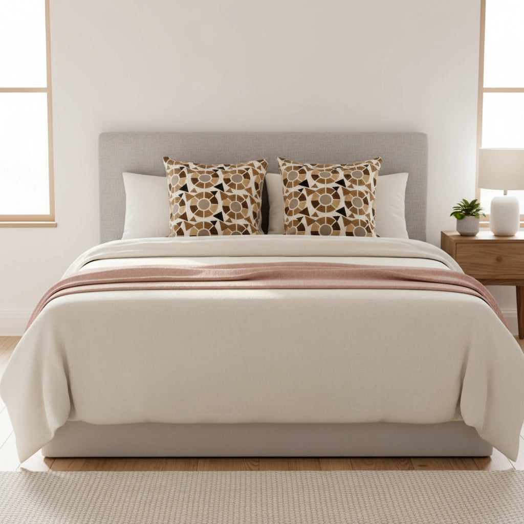 Modern Geometric Throw Pillow – 18x18” Brown, Beige & Black Accent on Light Tan Background