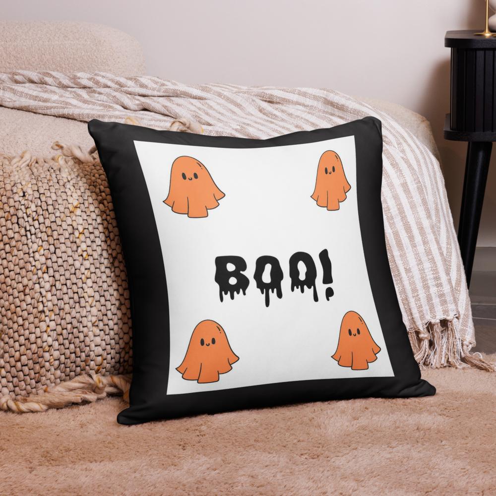 Halloween B.O.O. Throw Pillow – 18x18 Black, White & Orange Accent Cushion