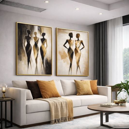 Abstract Feminine Silhouette Wall Art Set (2-Piece) | Modern Gold & Neutral Square Art | Digital Download