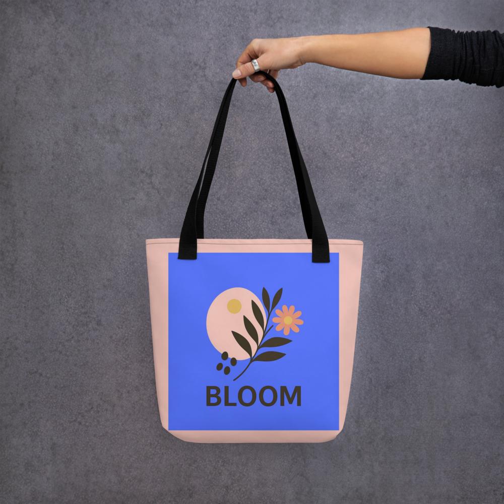 Navy Blue & Peach “Bloom” Boho Flower Tote Bag – 15”x15” Stylish Everyday Carryall
i